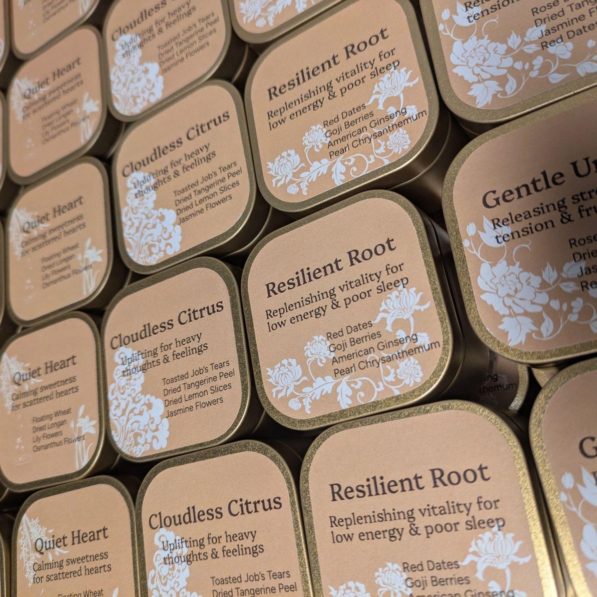 Apothecary Brew Sample Set featuring 6 types of functional TCM herbal teas in teabag format, including blends for replenishing energy in people who lack sleep, calming anxiety and low appetite, relieving frustration and tension, soothing a sensitive gut prone to gastritis and relieving water retention and sluggishness.
